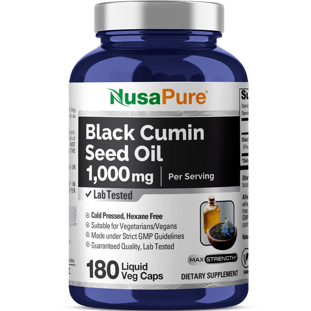 NusaPure Black Seed Oil 1 000 mg per Serving 180 Softgel Capsules (non-GMO, Vegetarián) Cold-Pressed Virgin Nigella Sativa. Bez hexánu