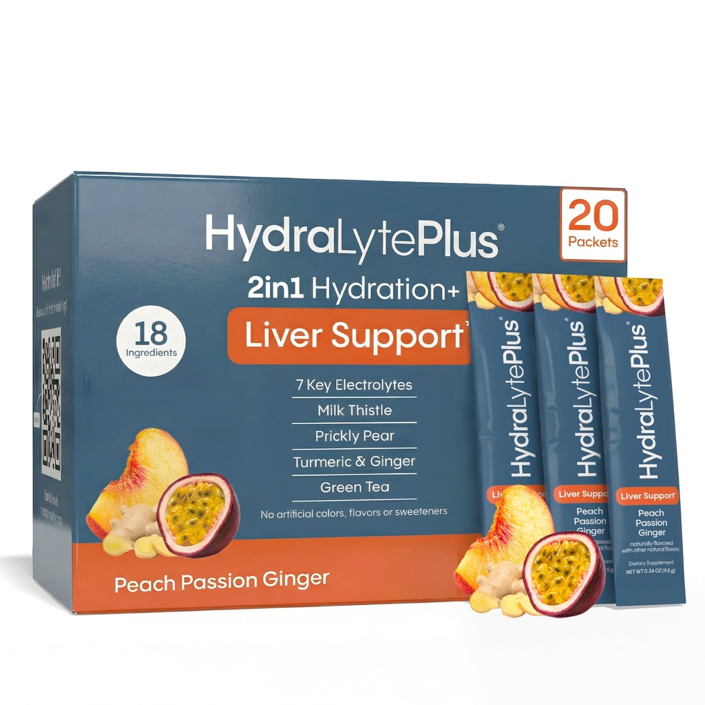 Hydralyte Pečeň Podpora + Elektrolyte Mix s mliekom bodliak, kurkuma, zázvor, tehlový pear, zelený čaj extrakt formulovaný pre rýchlu rehydratáciu (Peach musion Ginger, 20 paketov)