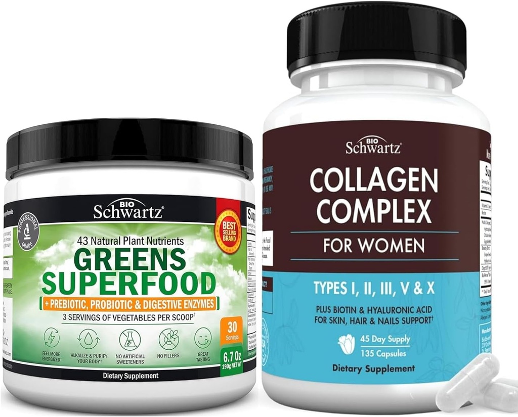 Super Greens Powder s probiotikami Prebiotiká a tráviace enzýmy (30 Servings) Plus Hydrolyzed Collagen Peptide Kapsule (45 dní)