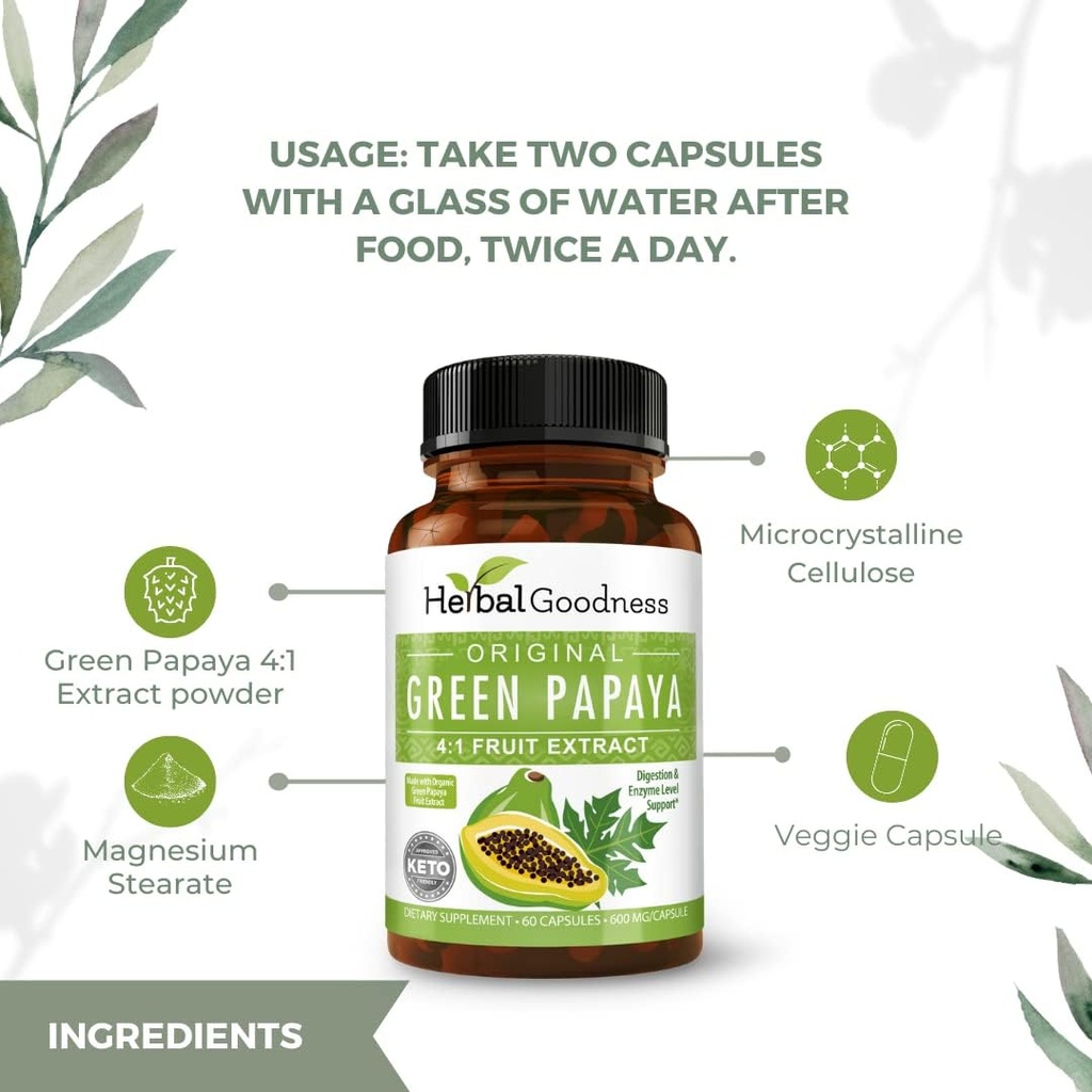 Zelené papáje Kapsule 4X Sila, Organické Papaya Leaf & Fruit Extract pre Doštičky, Tráviace zdravie, Enzýmy, Probiotiká, Antioxidanty 600mg, 60 Kapsule, Prípad 12