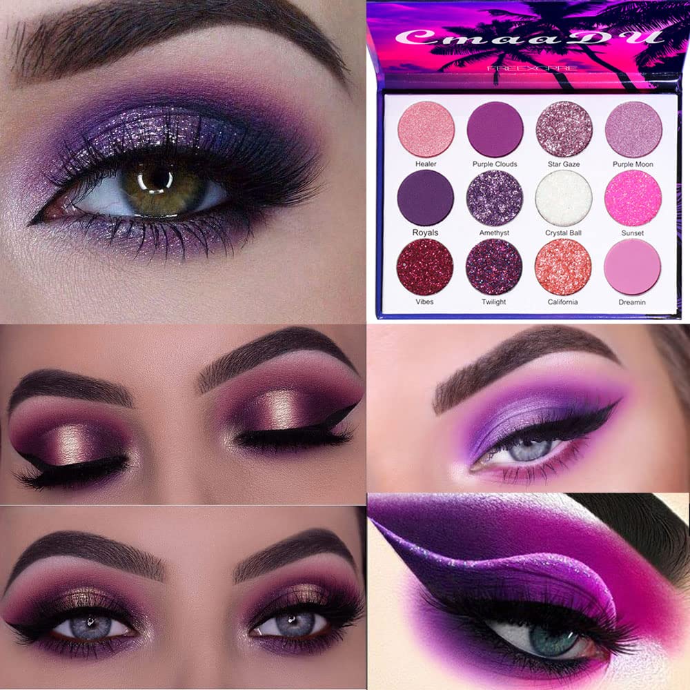 BINGBRUSH 12 Farby lesklé fialové ružové Lacné očné tiene make-up paleta, jasný vysoký pigmentovaný kovový Shimmer dúha Farebné lisované očné tieň očné make-up Set pre dievčatá