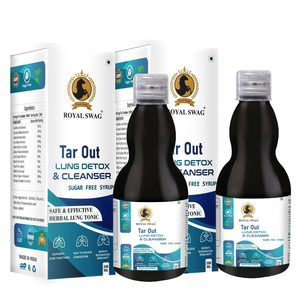 ROYAL SWAG Ayurveda Tar Out Sirup Lungs Detox Sugar Free (200 ML) Odstráni Tar z Pľúc kvôli dymu a znečistenia ovzdušia Bylinné Syrub odstrániť Toxíny z pľúc a Muscus Remover