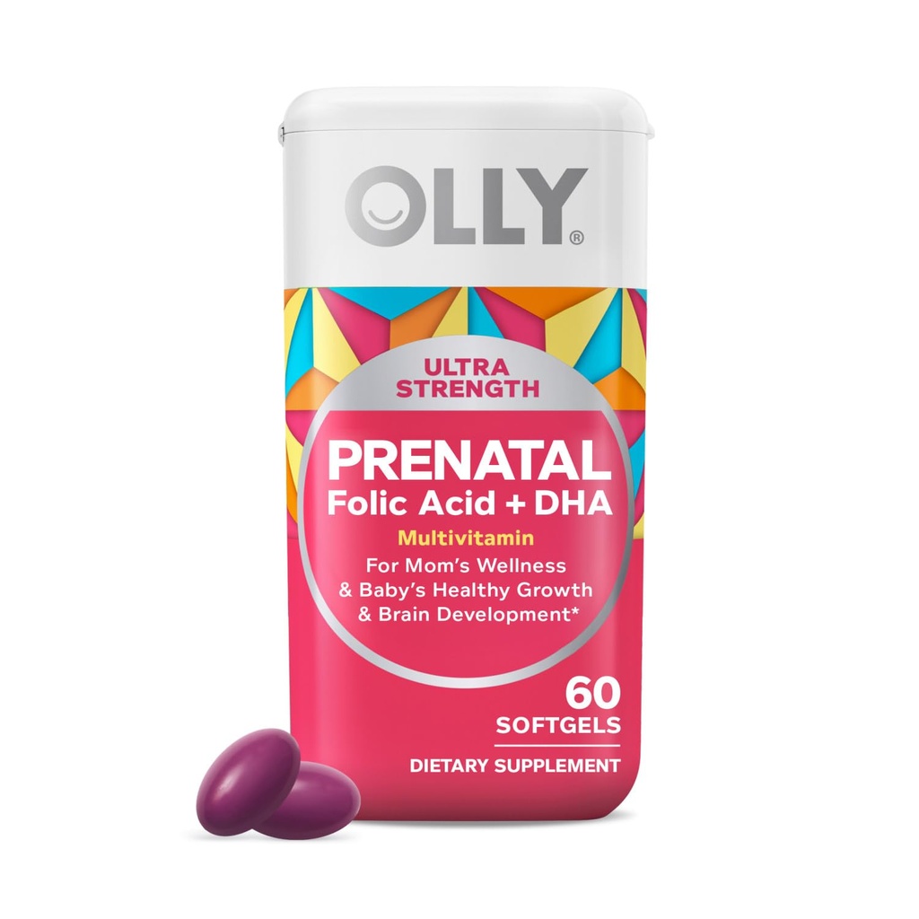 OLLY Ultra sila prenatálne multivitamínové softgely, podporuje zdravý rast, vývoj mozgu, železo, kyselina listová, DHA, vitamíny C, E, 30 dní dodávky-60 Počet
