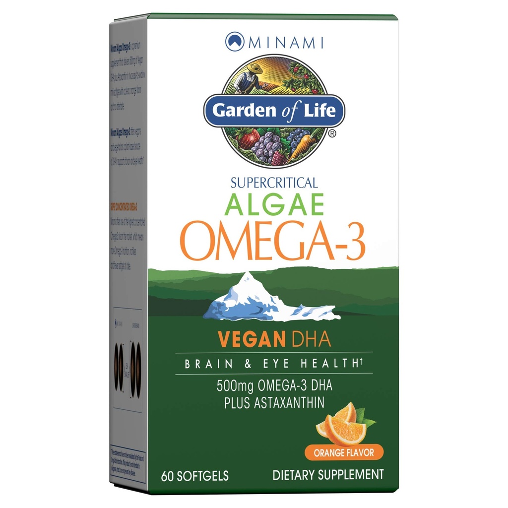 Záhrada života Minami Algae Omega 3 Vegan DHA pre mozog a zdravie očí - Orange Flavor, 500mg Plant Based DHA Omega-3 Vegan Algae Oil Plus Astaxantin, No Aftaste, 60 Easy-to-Swallow Mini Softgels