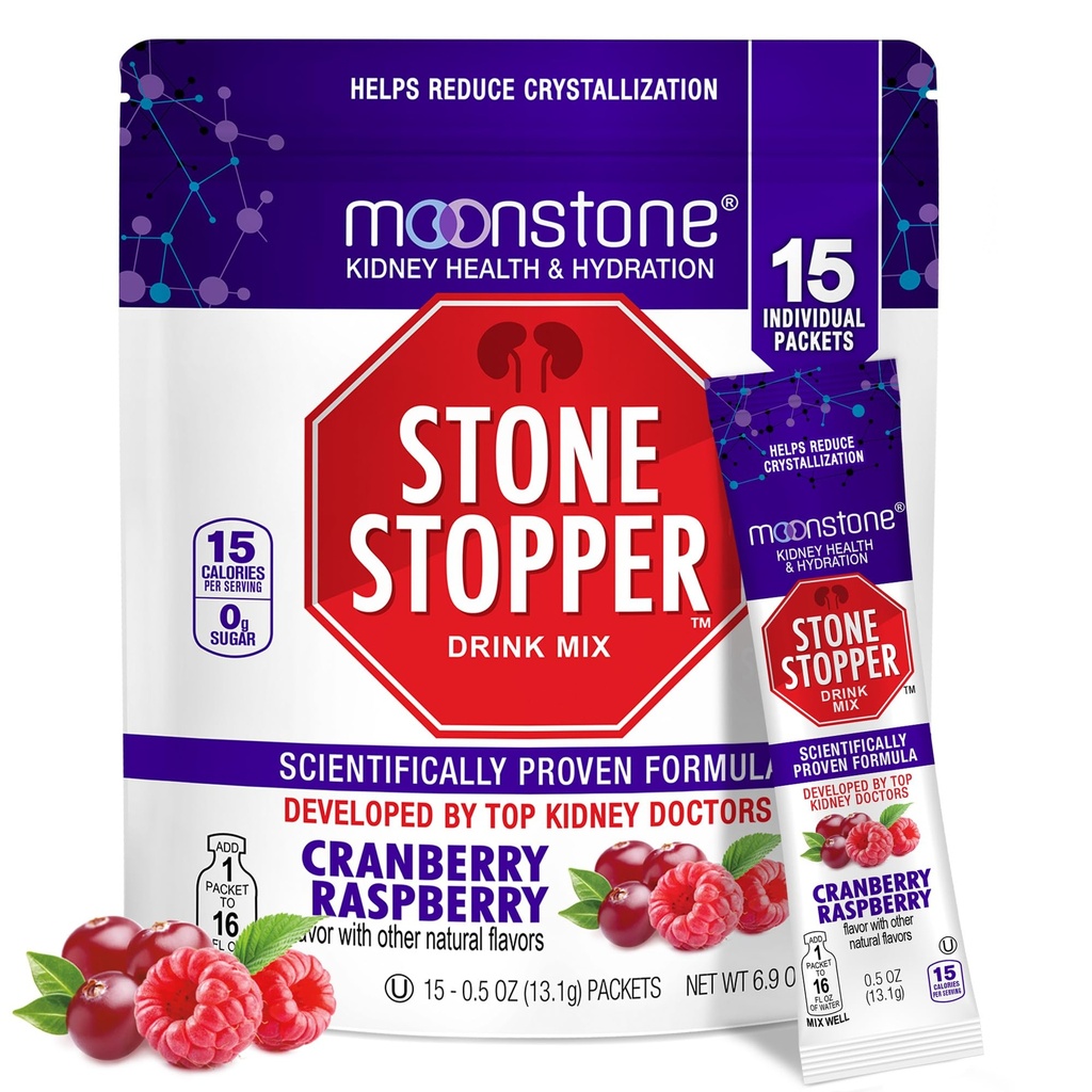 Moonstone Stone Stopper Drink Mix, Cranberry Malinová, Obličkový kameň Prevencia, Vápnik Oxalát Protector, vyvinutý urológmi na zlepšenie hydratácie a podporu zdravia obličiek, 15 dní dodávky
