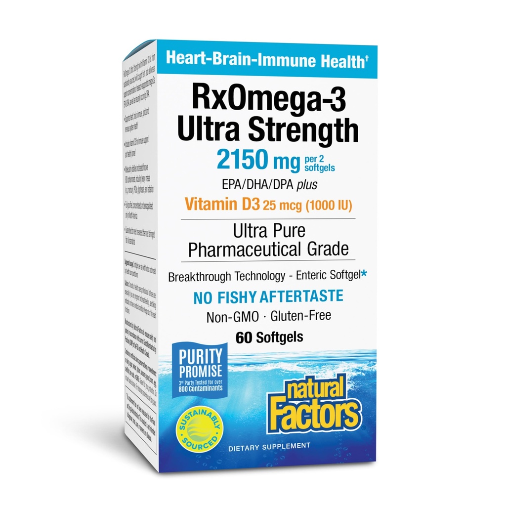 Prírodné faktory RxOmega-3 Ultra sila - Dietary Supplement for Brain & Heart Health Support - Eye Health Supplement with EPA & DHA - Supplement with Omega-3 Mastné kyseliny - 60 Softgels (30 Servings)