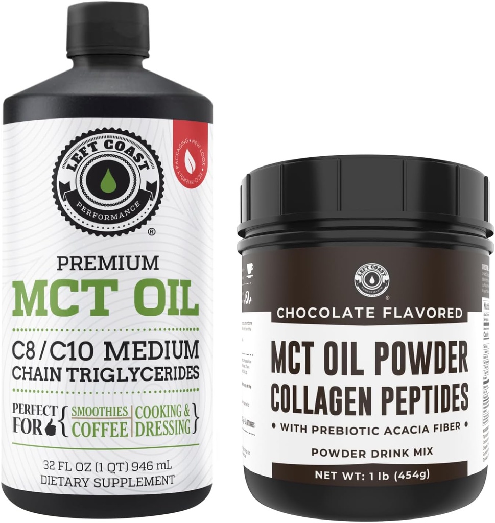 Ľavé pobrežie Výkon 100% Kokosový MCT olej Tekutý, 32oz + Čokoláda Keto MCT Powder, Kolagén a Prebiotické Fiber, 16oz