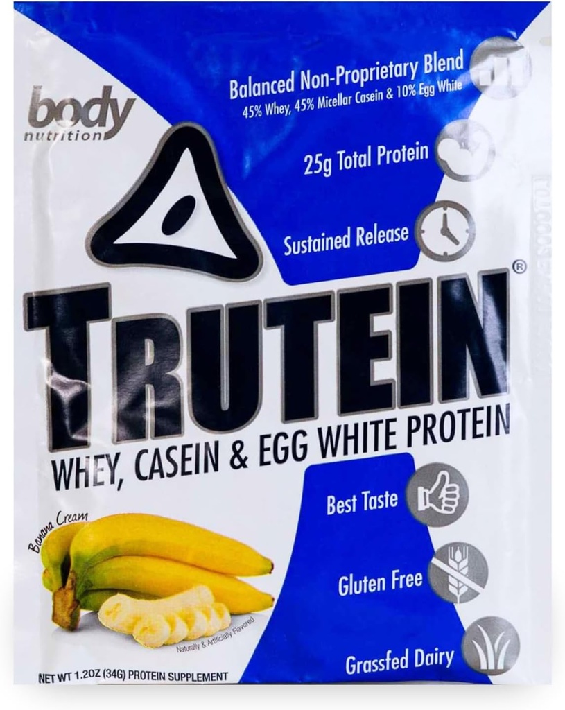 Telová výživa Trutein prášok s vysokým obsahom bielkovín: 45% srsť, 45% Casein, 10% Vaječná bielka, bez lepidla, nízky sodík, tráva Fed Srvátka Proteín prášok, Gym Supplement & Breakfast Shake, Banana krém, 34g Vzorka
