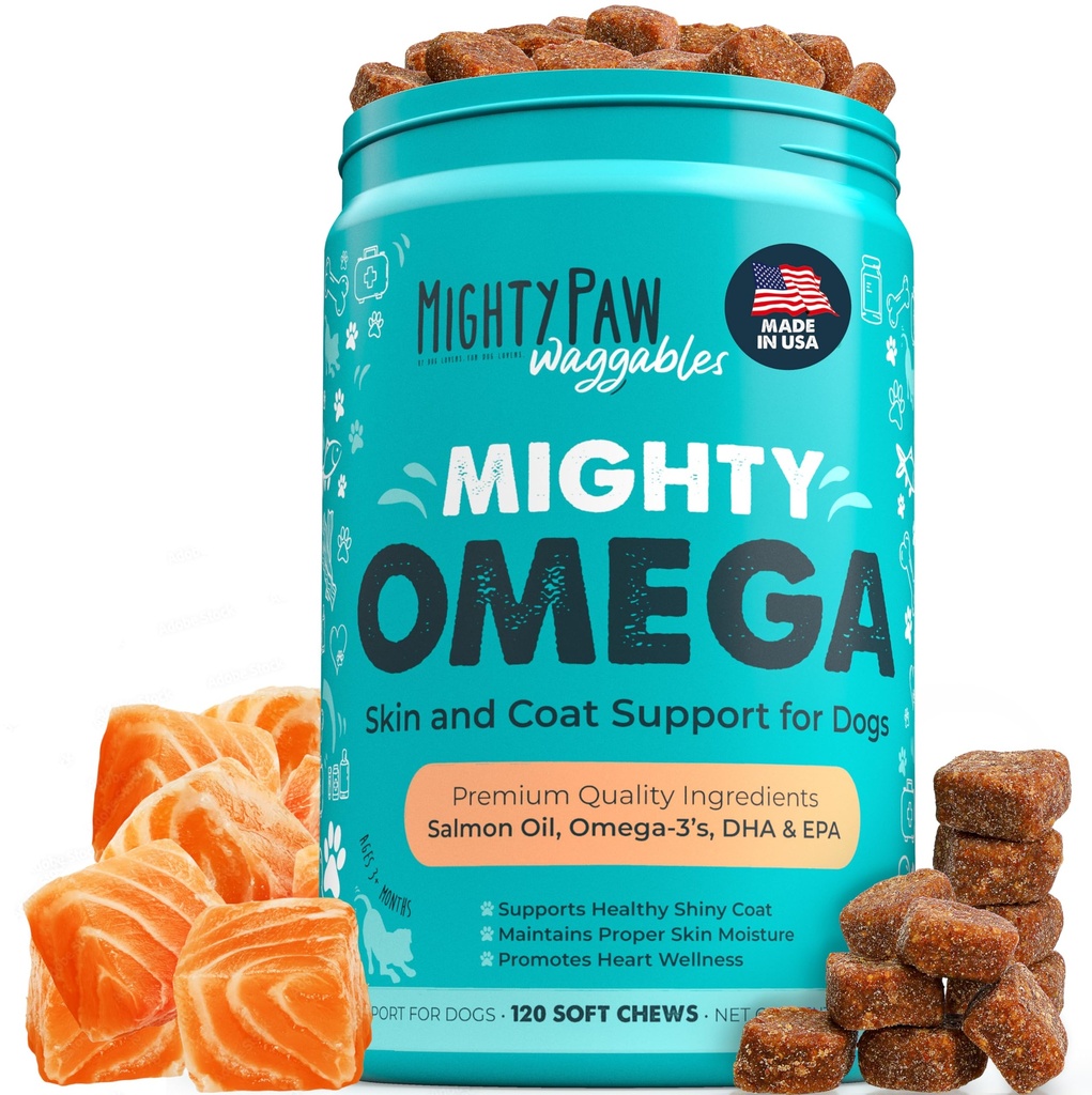 Mocný Paw Waggables Mighty Omega (Vyrobené v USA, 120 gróf)  Lososový ochutený pleť a košík doplnok. Mäkký žuvací rybí olej pre psy - DHA & EPA, slaninová chuť