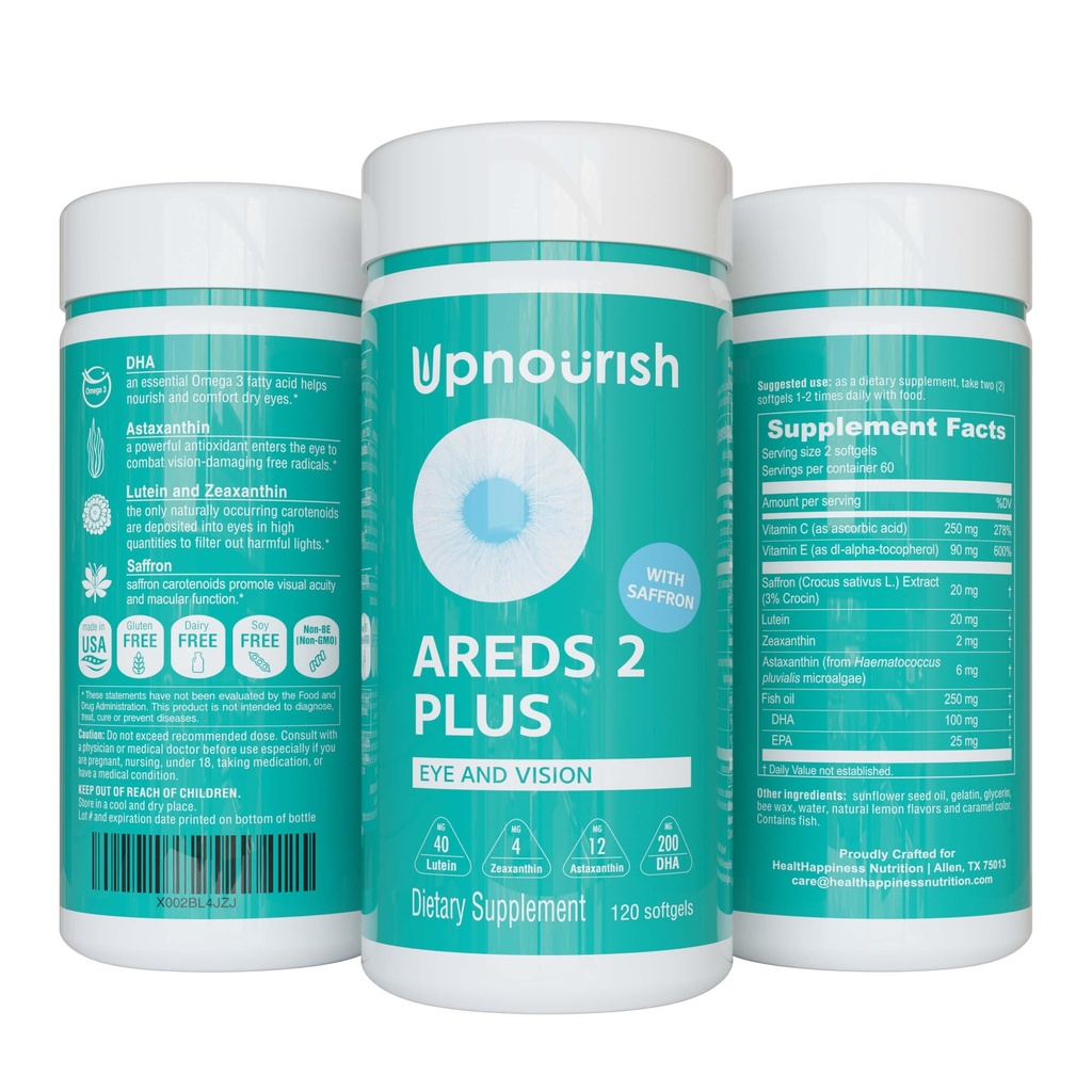 UpNish AREDS 2 Plus Eye Vitamín Supplement, AREDS 2 bez zinku Formula s lutein, Zeaxantin, Saffron, Astaxantin & DHA - 120 softgels
