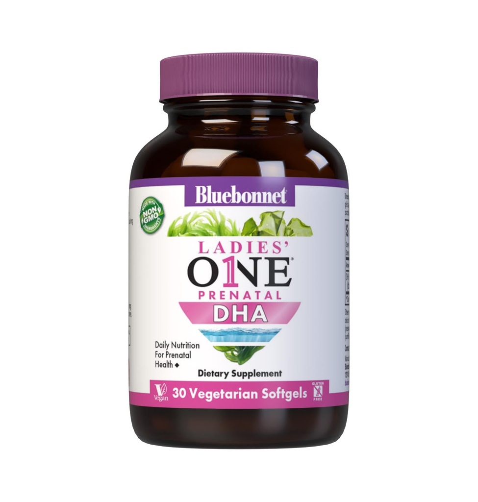 Bluebonnet Nutrition Ladies' One Prenatal DHA, Daily Nutrition for Prenatal Health*, Non-GMO, Vegan, Gluten-free, 30 Vegetariánske Softgels, 30 Servings