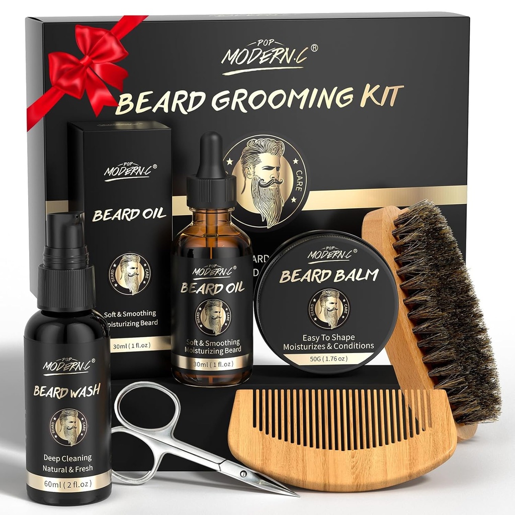 POP MODERN.C Medvedí rast Súprava brada grooming Súprava 6ks Brada Wash Shampoo Medvedí olej Brada Balm Brada Comb kefka Nožnice