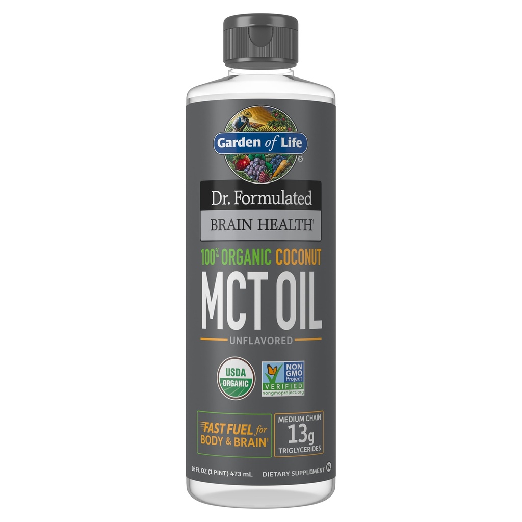 Záhrada života Dr. Formulated Brain Health 100% Organic Coconut MCT Oil 16 fl oz Unflavred, 13g MCTs, Body & Brain Fuel, Certified Non-GMO Vegan & Gluten Free, Hexane-Free