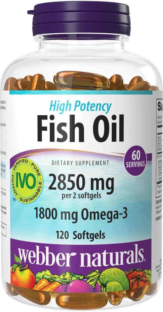 Webber Naturals Fish Oil 2850 mg, High Potency, 1,800 mg Omega-3 per Serving, 120 Clear Enteric Softgels, No Fishy Dochute, Ultra-Vyživené, Podporuje srdce, kognitívne, a spoločné zdravie