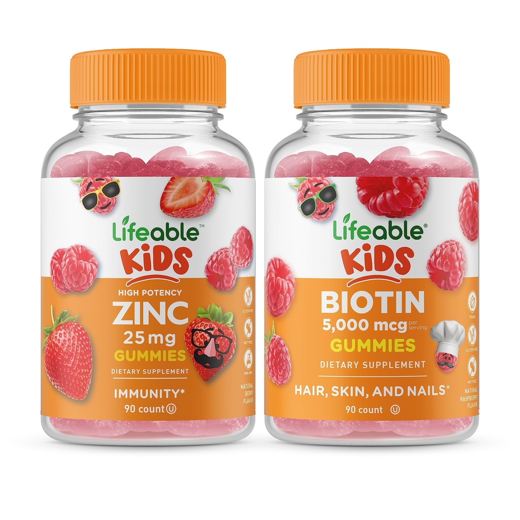 Životaschopný zinok 25mg Deti + Biotín Deti, Gummy Bundle - Veľká chuť, vitamínové doplnky, bez lepku, bez GMO, Žuvacia Gummy