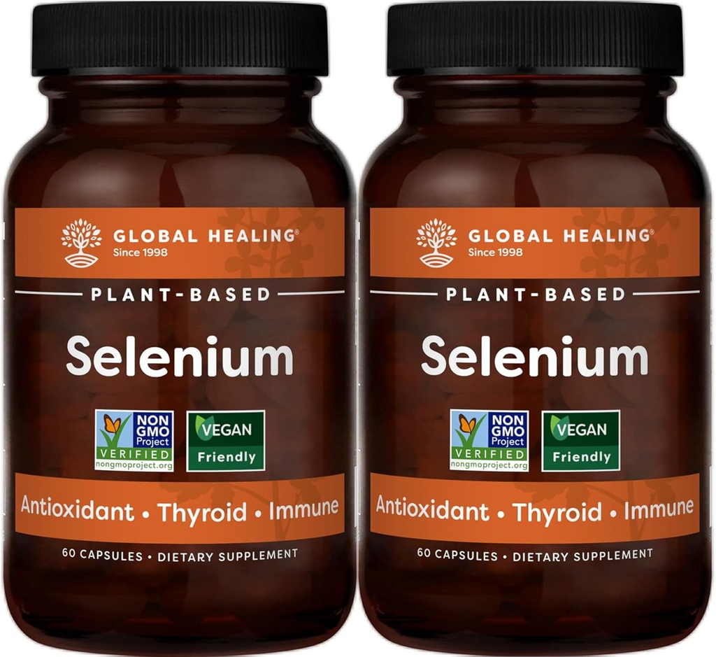 Global Healing Center Selenium 200mcg 2-Pack, Pure Selenium Supplement with Organic Ingredients, Antioxidanty pre štítnu žľazu a imunitné zdravie pre mužov a ženy - Viac ako Selénium 100 mcg (60 kapsúl)