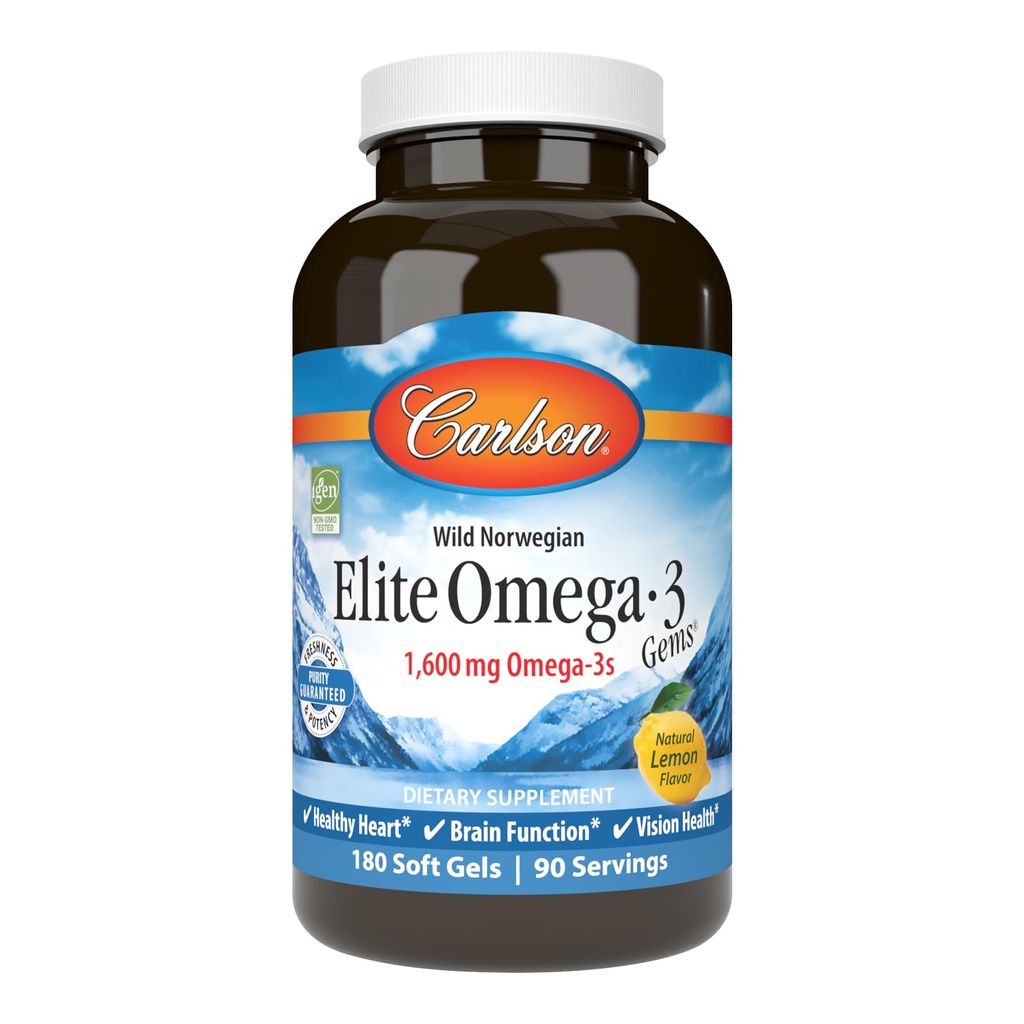Carlson - Elite Omega-3 Gems, 1600 mg Omega-3 vrátane EPA a DHA, nórsky, Wild-Caught Fish Oil Supplement, Udržateľne Zdroj, Citrón, 180 Softgels