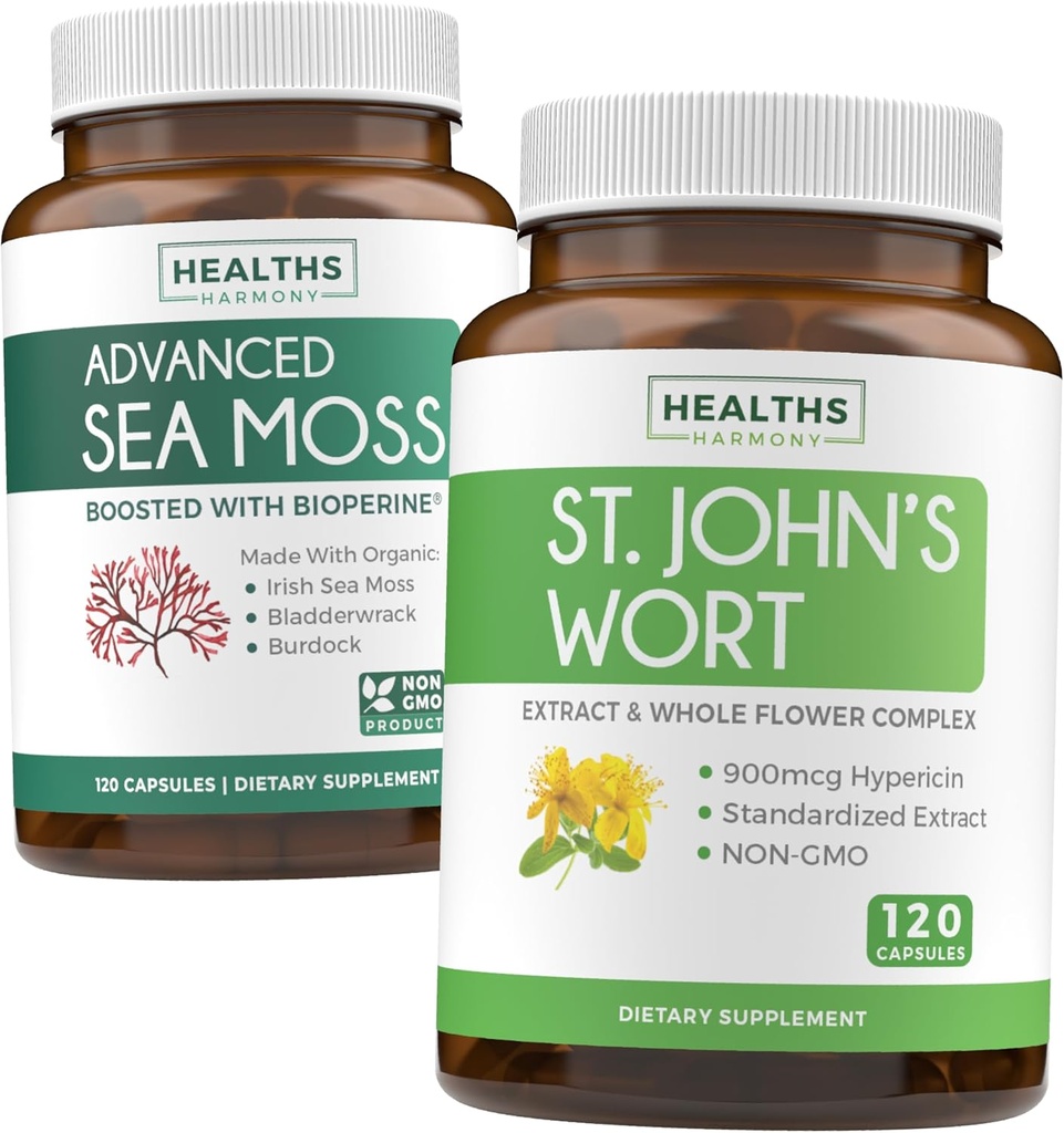 Sea Moss & St. John's Worth (2-Month Supply) Mooss Blend - Organic Irish Sea Moss - Raw Vegan Supplement (120 Caps) & St John's World with Powerful 900mcg Hypericin Vegan Non-GMO (120 Kapsule)