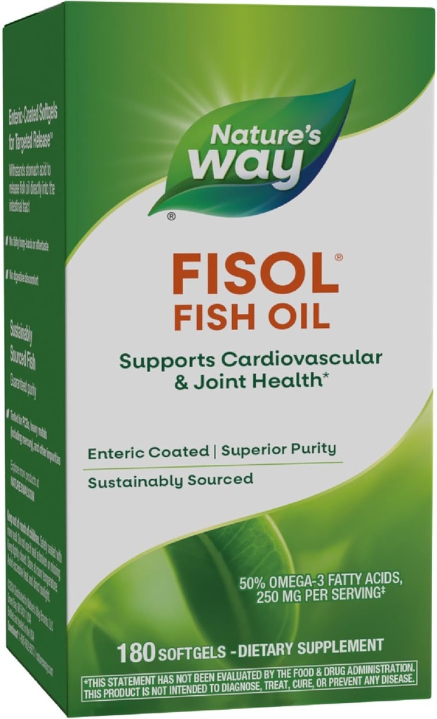 Prírodná cesta Fisol Fish Oil, Enteric Coated, podporuje kardiovaskulárne a spoločné zdravie*, Mega Potency Omega-3s, 180 Softgels (Backaging May Vary)