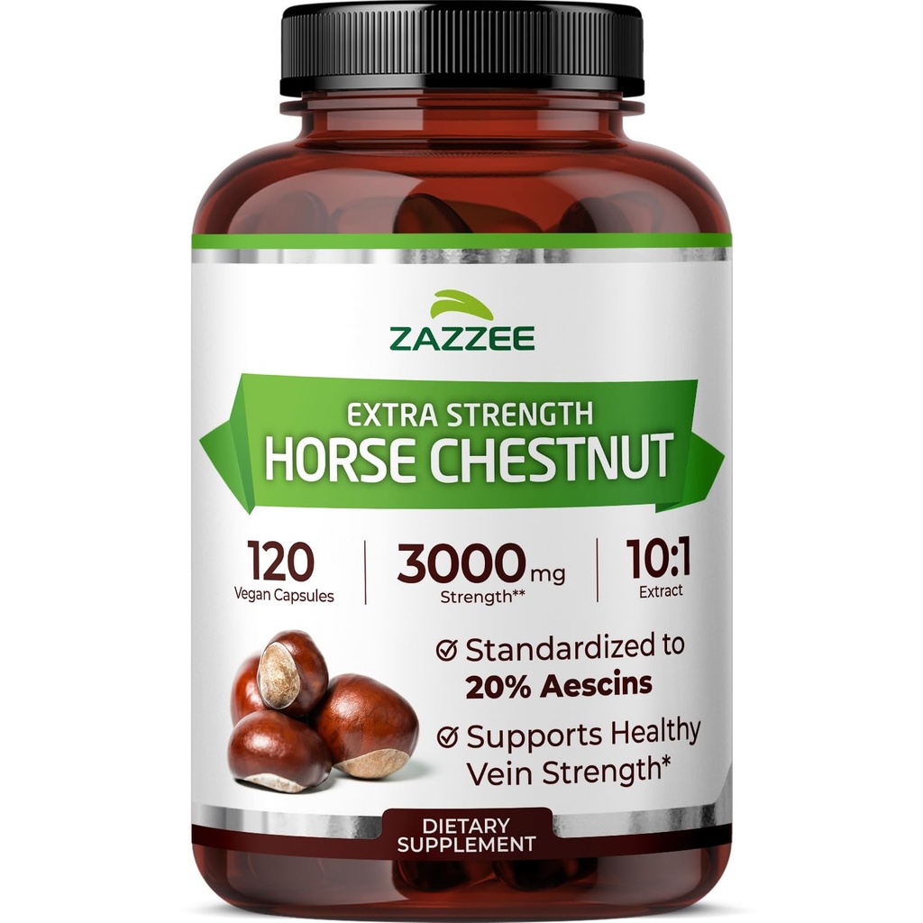 Zazzee Extra Strength Horse Chestnut 10:1 Extract, 3000 mg Sila, 20% Aescins, 4 mesiace Supply, 120 Vegan Capsules, Concentrated and Standardized 10X Extract, All-Natural, Non-GMO, Made in The USA
