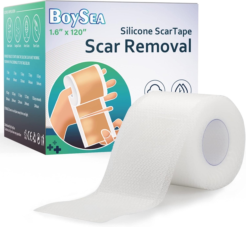 Boysea Silikónové zjazvenia (1.6" x 120") Čistá Silikónová páska - Liečba odstránenia jaziev - opakovane použiteľné zjazvovacie pásiky pre Keloid, C-oddiel, popáleniny, chirurgické jazvy