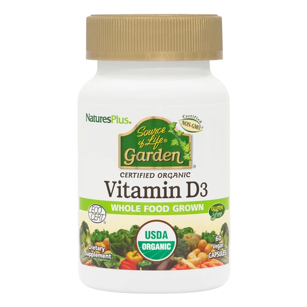 Príroda Plus Zdroj života Záhrada Certified Organic Vitamín D3 - Cholekalciferol 5000 iu, 60 Vegan Kapsule - Celá potravinová rastlina-Based Supplement - Vegetariánska, Gluten-free - 30 Servis