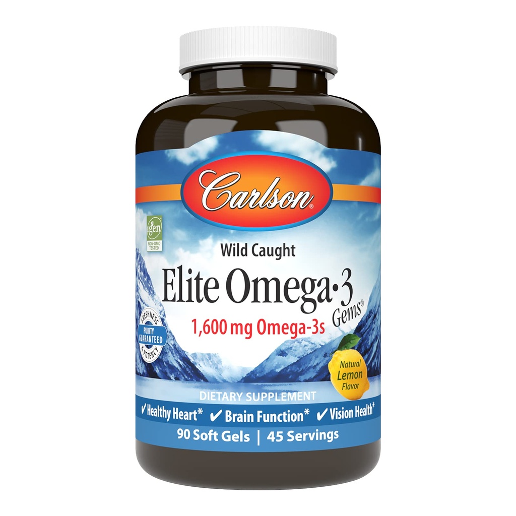 Carlson Elite Omega-3 Gems, 1600mg Omega-3s s EPA & DHA, Wild-Caught Nórsky rybí olej, citrónová aróma, 90 Softgels
