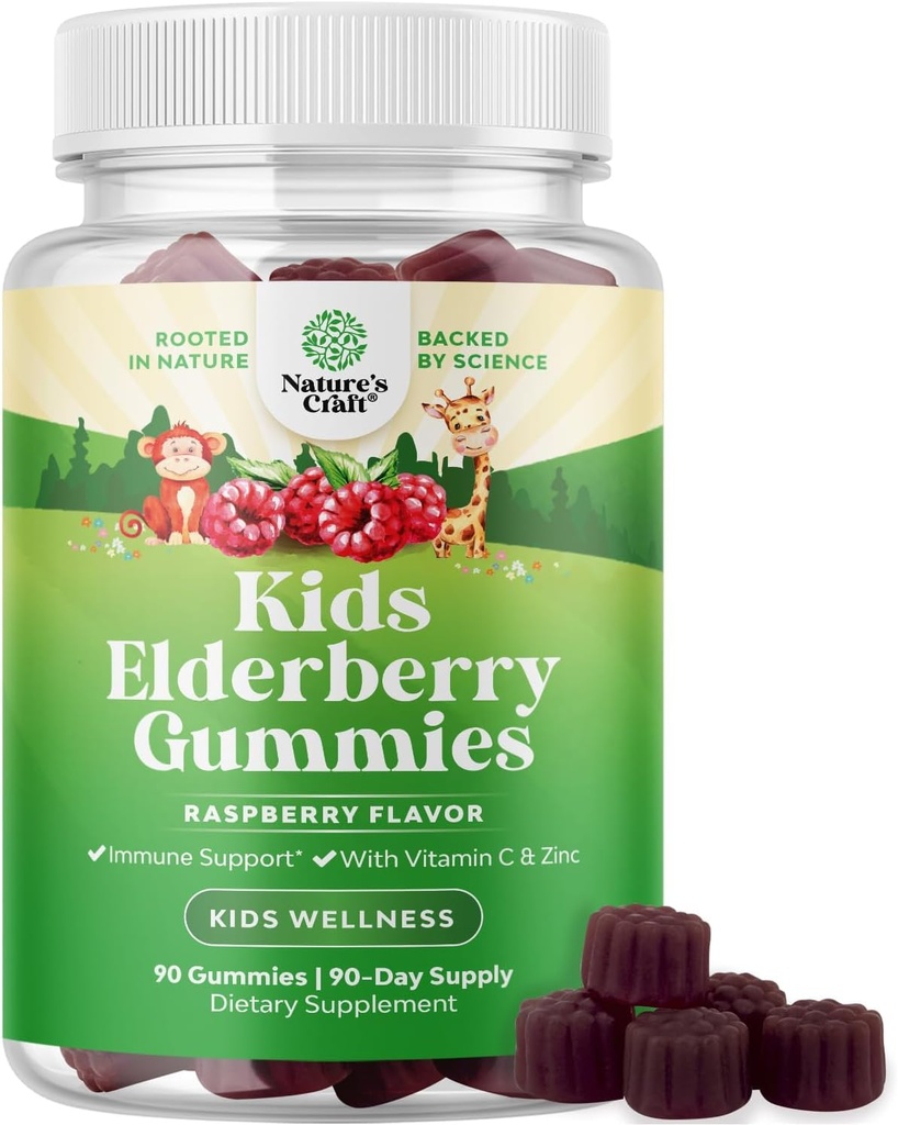 Príroda Remeslo Sambucus bazové Gummy pre deti zdravie - Delicious Black Elderberry Gummy so zinkom a vitamínom C pre deti Imunita podpora - Želatína a lepok zadarmo non-GMO Imunity Podpora 90