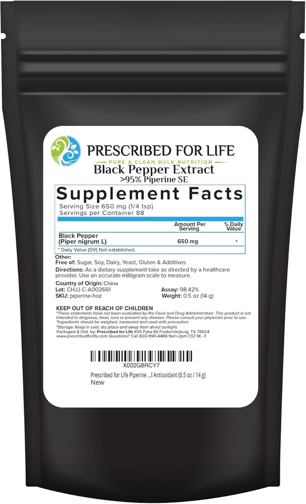 Predpísaný pre život Piperín prášok, 95% extrakt z čiernej papriky prášok, Boosts živina Absorpcia, lepok bez, Vegan, Non GMO, Prírodný antioxidant (0,5oz / 14g)