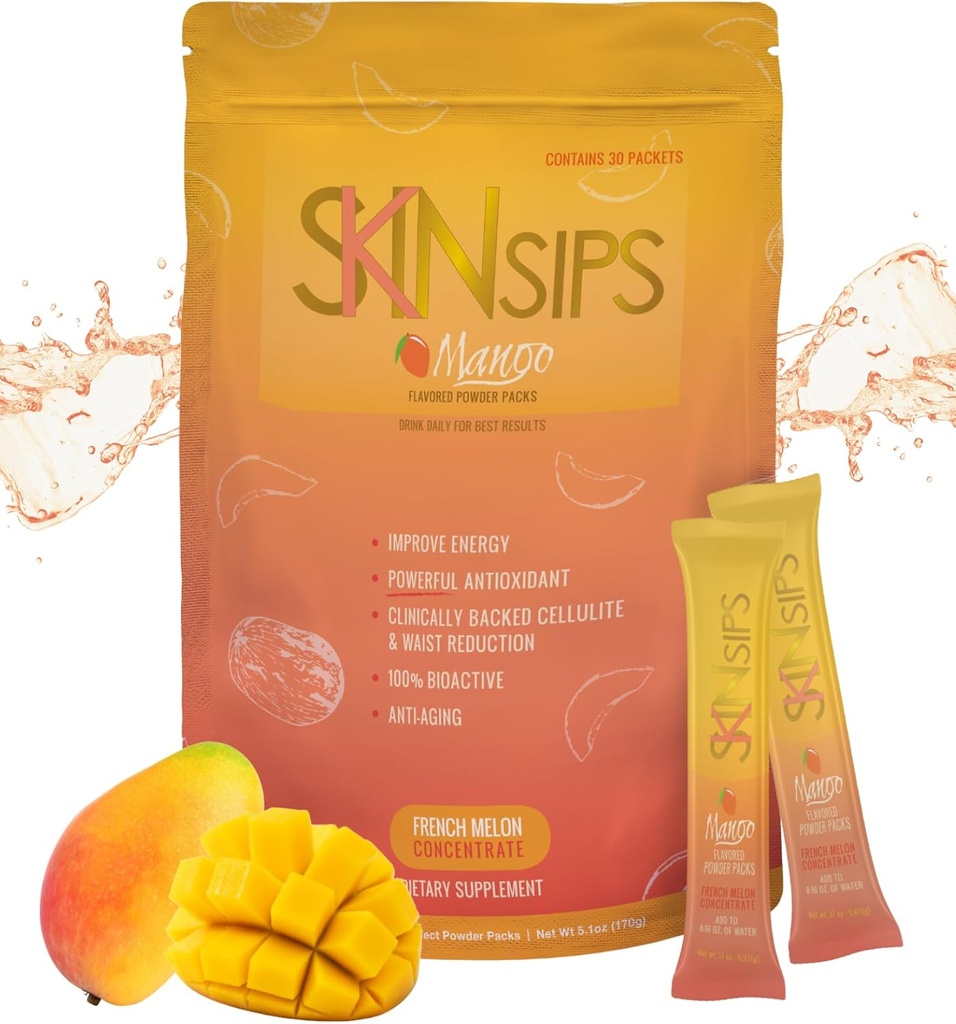 Skin Health & Energy Boost Drink Mix - bez cukru, SOD B (TM), Antioxidanty z francúzskeho Melon koncentrátu, Na Go Stick Packs, Mango, 30 Balenie