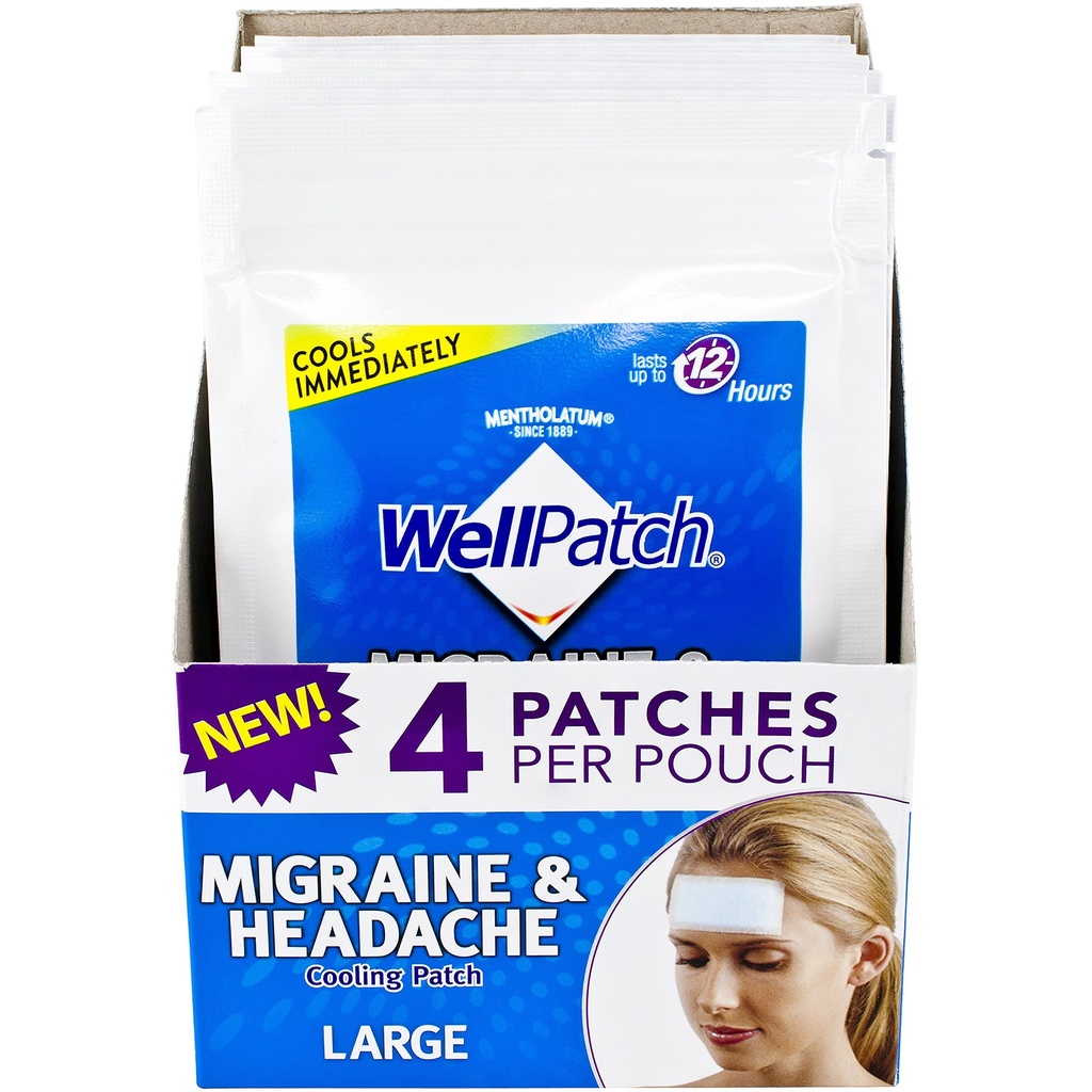 WellPatch Migréna a bolesť hlavy Chladenie Patch - bez drog, trvá až 12 hodín, bezpečné použitie s medikáciou - veľké packy (4 balenia po 4 patche), Každý 4,3 x 2 palcov
