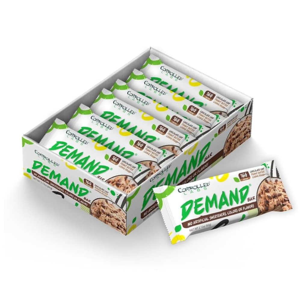 Kontrolované Labs Demand Proteínové tyčinky - 12 ks - 16g proteínu na jeden podávací, prírodný, high-Protein/Low-Carb Bar, 2.12 oz (Chocolate Chip/Peanut Butter/Cookie Dough)