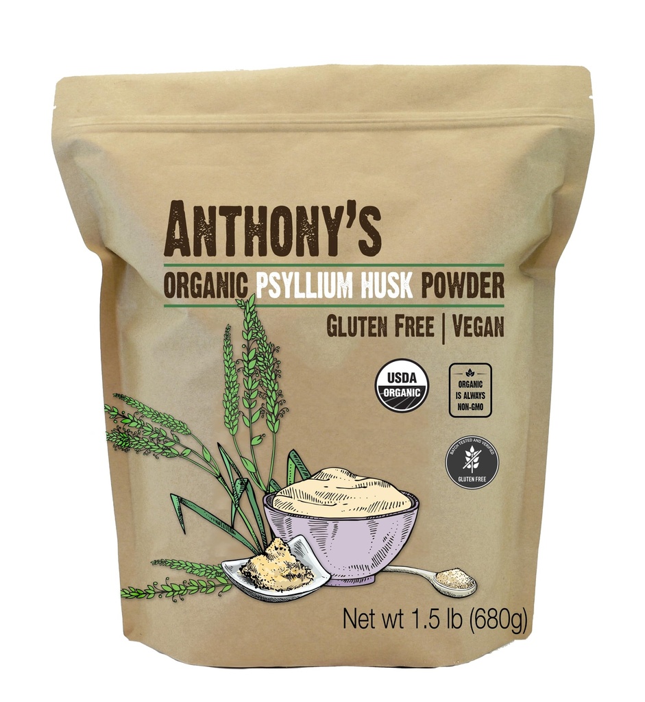 Anthony's Organic Psyllium Husk Powder, 1,5 LB, Gluten Free, Non GMO, Jemne zem, Keto Friendly