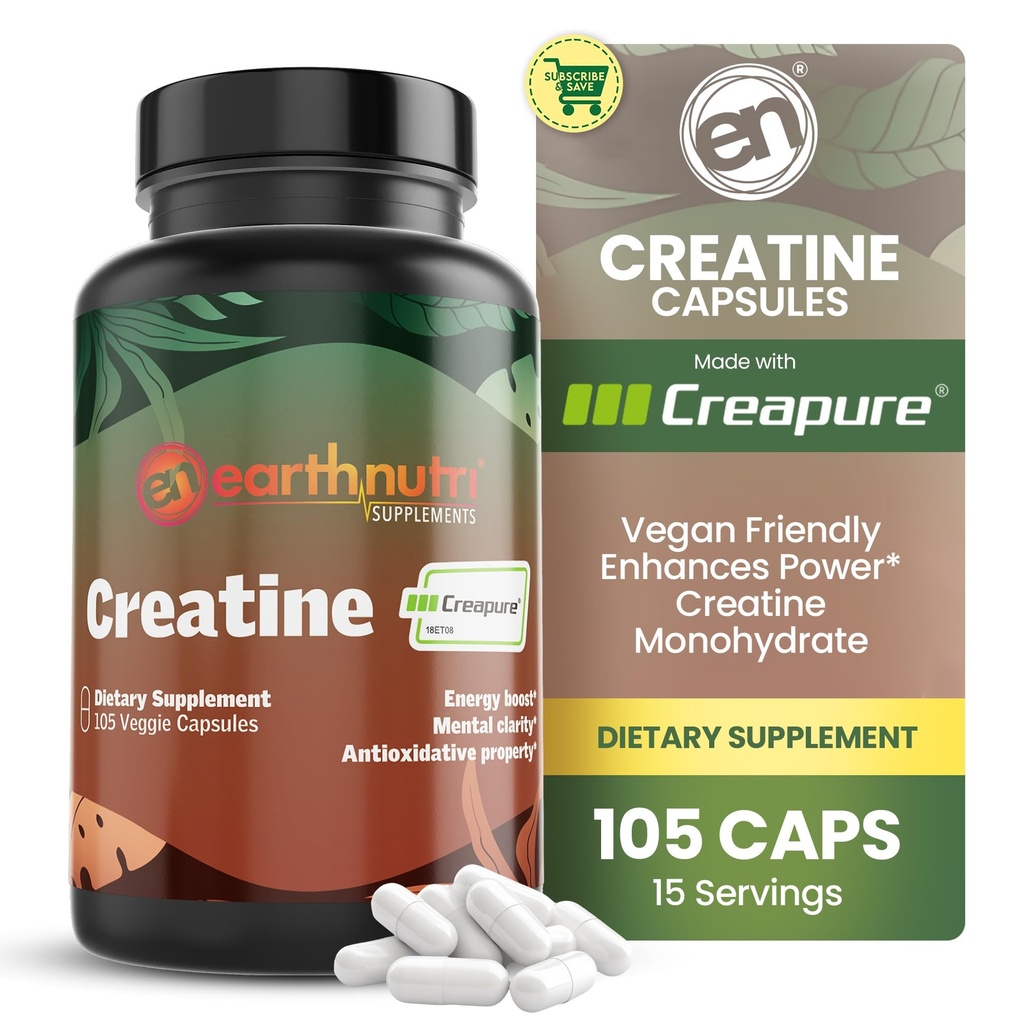 EarthNutri Kreatin monohydrát Kapsule - Mikronizované pre lepšiu absorpciu - podporuje svalovú silu, silu a zotavenie - 105 Kapsule (5 000 mg na obsluhu, 7 kapsúl)