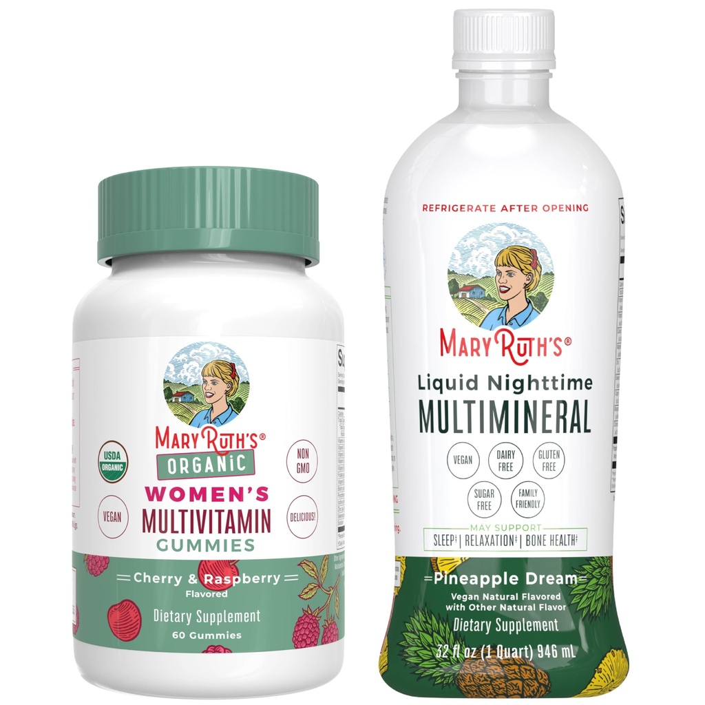 MaryRuth's Multivitamínové Gumies for Women (Cherry & Malina) & Liquid Nighttime Multimineral (Pineapple) 
