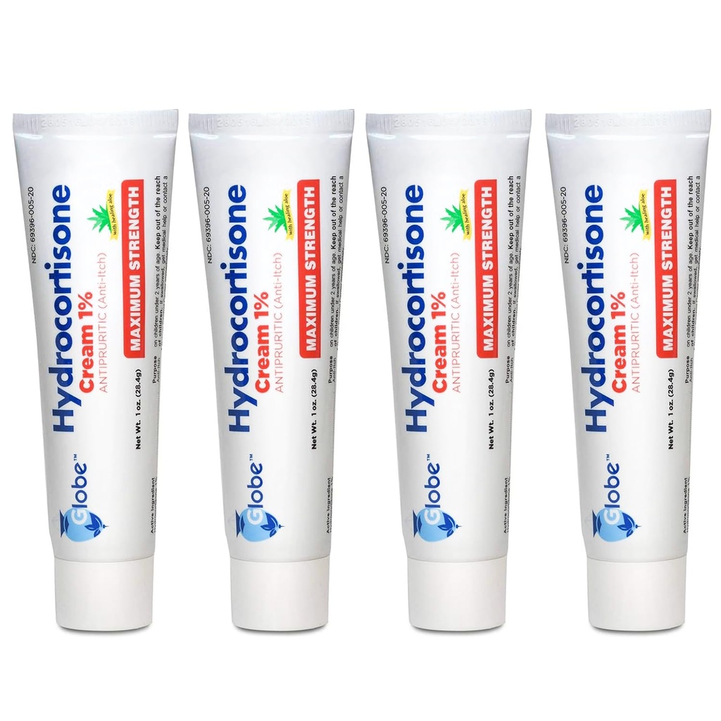 Globe (4 balenia) Hydrokortizón Maximálna sila Proti svrbenie krém 1% w/Aloe, Intenzívna formula pre začervenanie, vyrážka, Bug & Mosquito Bites, Ekzém, hemoroidy, Citlivá koža, okamžitá Itch Relief,1 oz Tuba