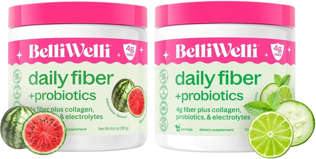 Belli Welli Daily Fiber Supplement Bundle - Cuumber Lime Mint & Watermelon - s kolagénom, probiotikami a elektrolytami - osviežujúce wellness chute, 32 total Servings