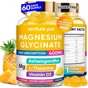 60-dňová zásoba horčíka Glycinát 400mg Gummy s Ashwagandha, L-Theanine, CoQ10, vitamín D3 & B6, bezcukru Magnézium Gumies pre dospelých a deti, úľava od stresu, spánok a pokoj, Vegan, bez lepku