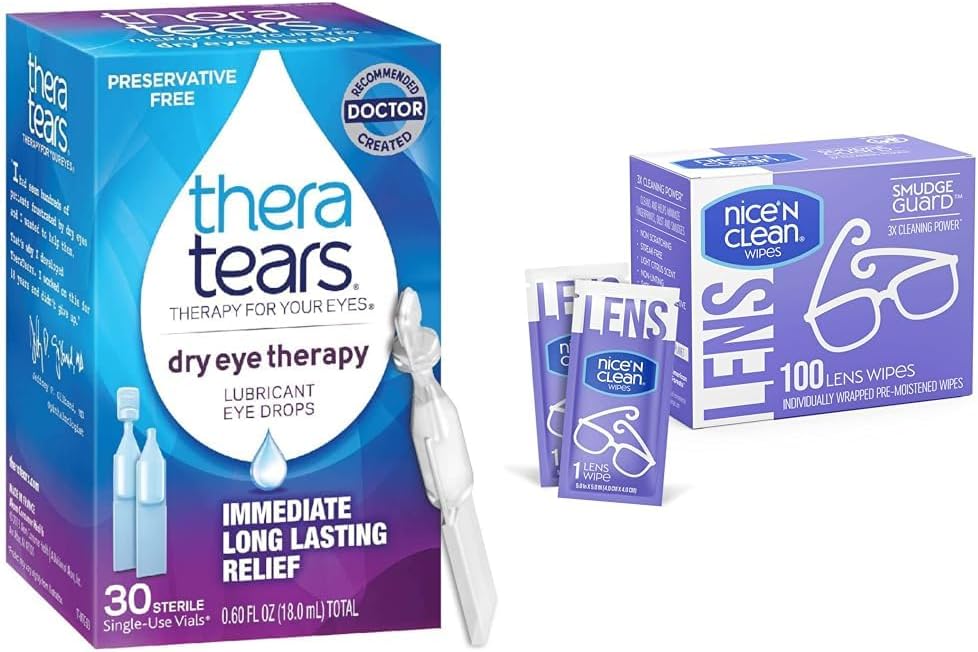TheraTears Suché očné terapie Lubricant očné kvapky, konzervačné zadarmo, 30 injekčných liekoviek a pekné 'N čisté šmuhyGuard šošovky čistenie Wipes, 100 Wipes