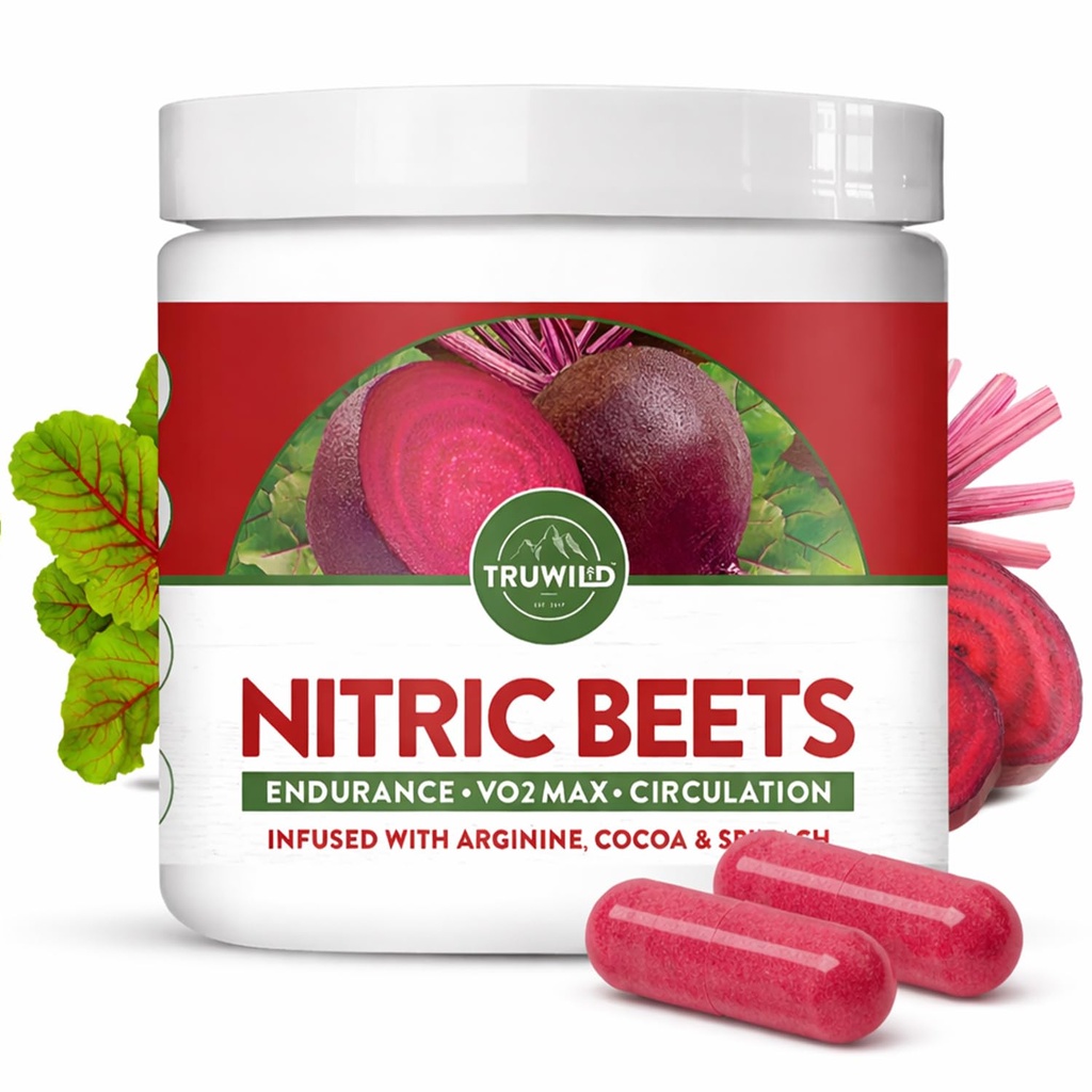 Tru Wild All Natural Beet Root Powder, Nitric Oxide Booster, 1000mg, Vegan Superfood Capsule Supplement, Cvikla Extract podporuje celkové zdravie, Výkon a vytrvalosť, 30 Servisov