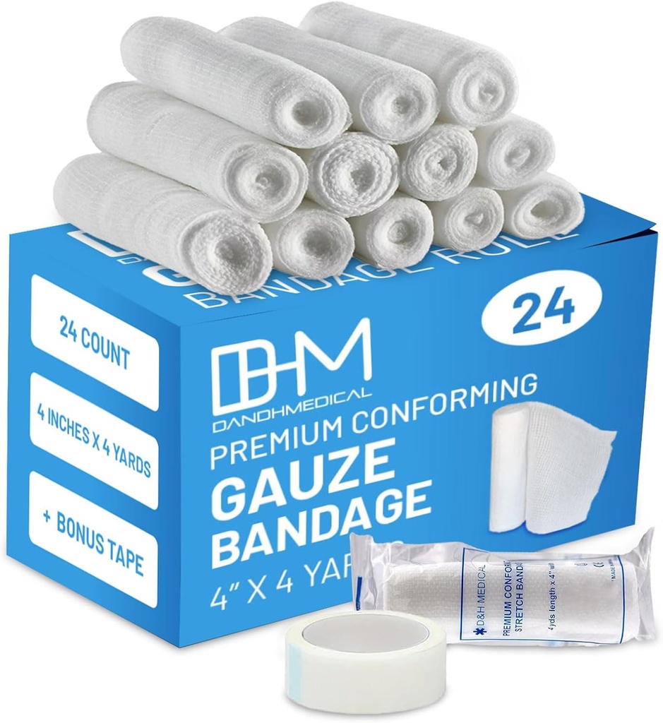 D&H Medical Balíček 24 Gauze Bandage Roll 4 palce x 4 Yards - Medical Gauze Wrap pre starostlivosť o rany - jednoduché použitie bavlnené Gauze rolky pre ručné obväzy Ankles a kolená