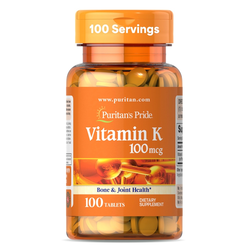 Puritánska pýcha Premium Vitamín K 100mcg, Dietary Supplement for Bone, Joint, a krvi zrážanie Zdravie Podpora, 100 dní dodávky, 100 tabliet