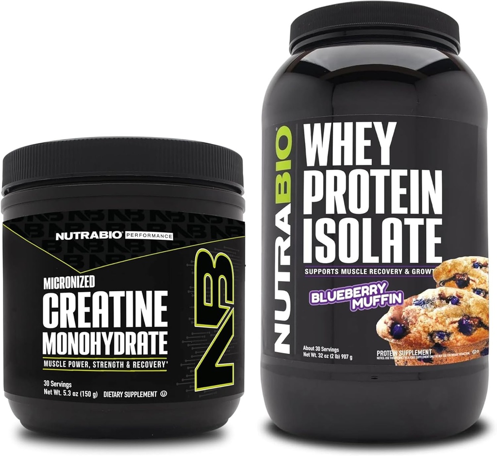 NutraBio Creatin Monohydrát, Neochutené, 150g a srsť proteín izolát, čučoriedkové muffin, doplnok Bundle - svalová energia, Lean svalového rastu, zotavenie, a sila