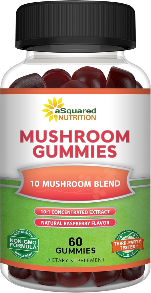 aSquared Nutrition Mushrom Gummies - 10x Complex Supplement - Lions Mane, Turkey Tail, Reishi, Cordyceps, Chaga - Energy, Focus, Immune Support pre mužov a ženy - Nahradiť prášok, Kapsule a tabletky