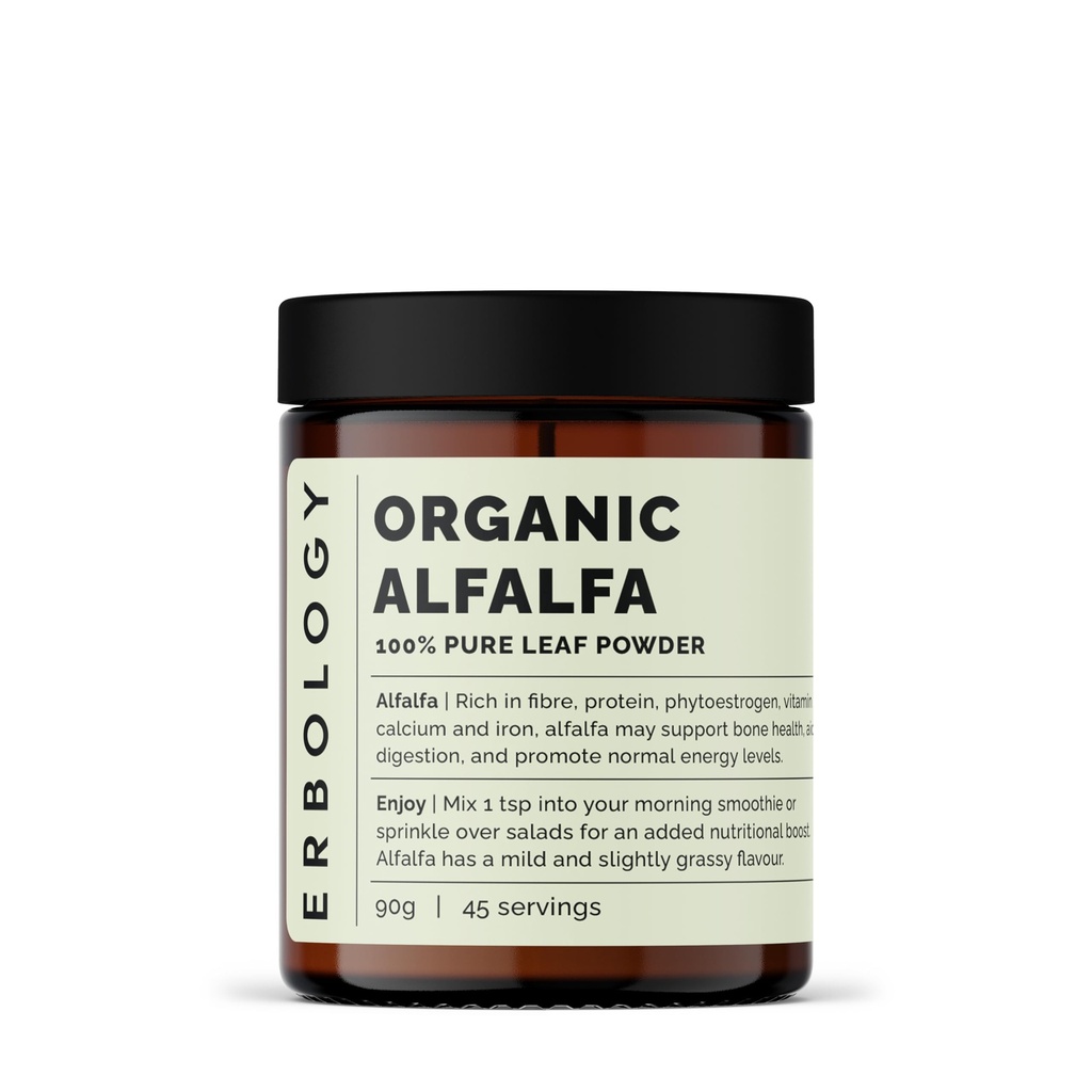 Erbology Organic Alfalfa Powder 3.2 oz - 45 Slúži - Podporuje zdravie kostí a vnútorností - bohaté na vitamín A, vápnik a železo - Udržateľne Zdroj priamo z farmy - Malá dávka - Vegan - GMO-free