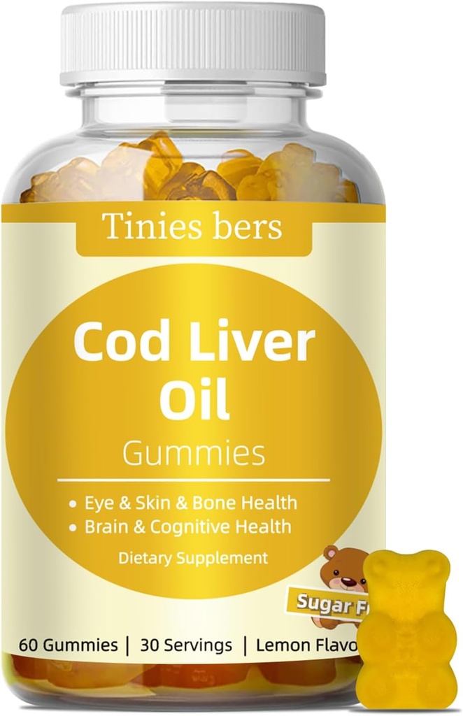 Cod Liver Oil Gumies 1000mg, Sugar Free for Adults & Kids, Omega-3s & Vitamin A&D for Brain, Cognitive, Heart & Eye, Bone Health, Gluten Free, Non GMO, Pectin, 60