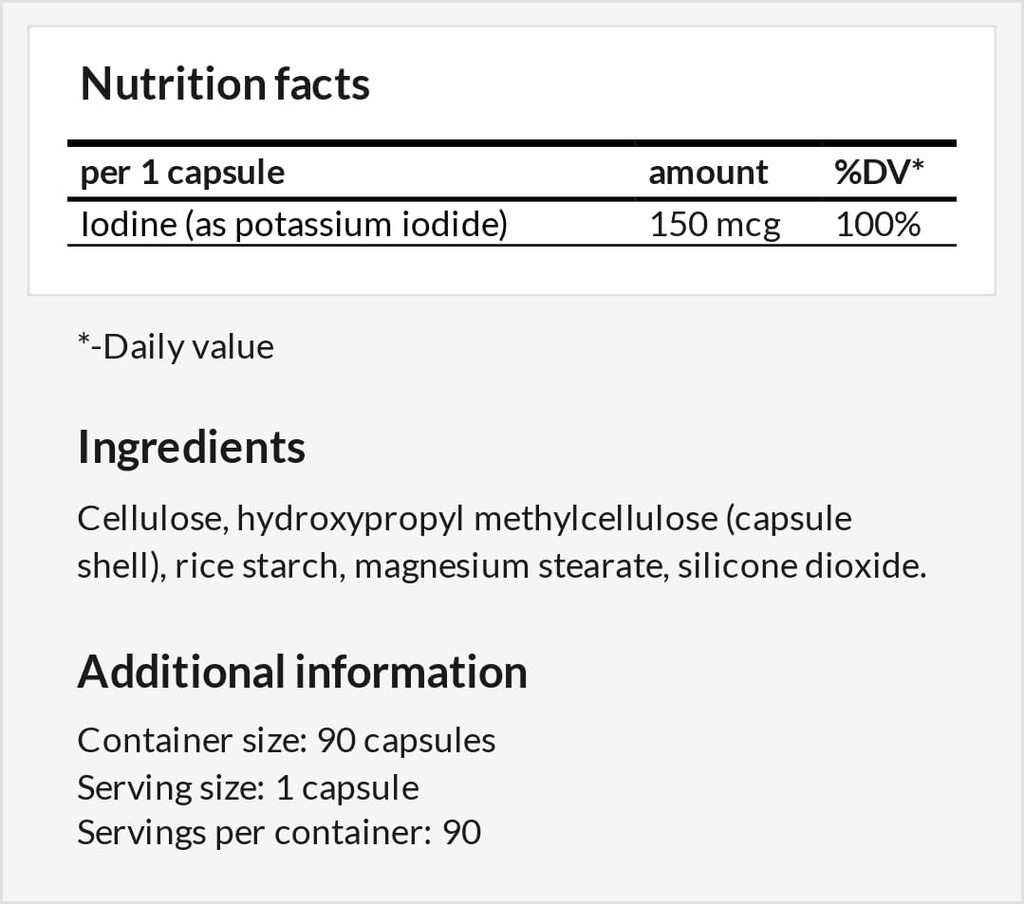 Draslík jodid 150 μg v kapsule - 90 Vegan Kapsule - 3 mesiace Zásoba - od Optimal Gland Funkcia a energetický metabolizmus - Diet Supplement by Apollo Hegemony