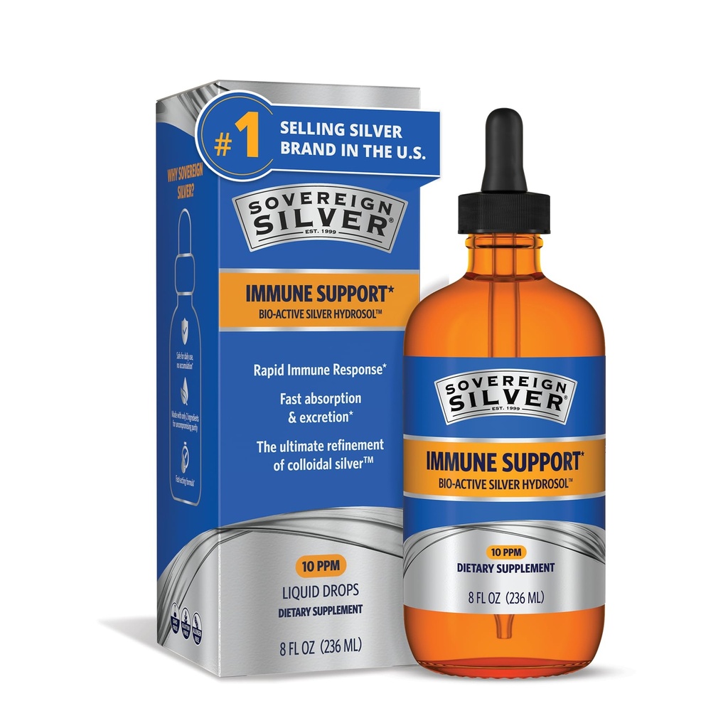 Sovereign Silver Immune Support - Koloidné striebro, bio-aktívny hydrosol striebra, 10 ppm, Tekuté kvapkadlo, 8 Fl Oz, (236 ml)