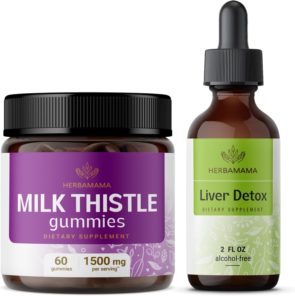 HERBAMAMA Milk Thitle and Liver Support Complex Kit - Bundle of Milk Thitle Gummies & Liquid Complex Detox 4 fl oz - Vegan, Non-GMO, Alkohol - 2 balenie