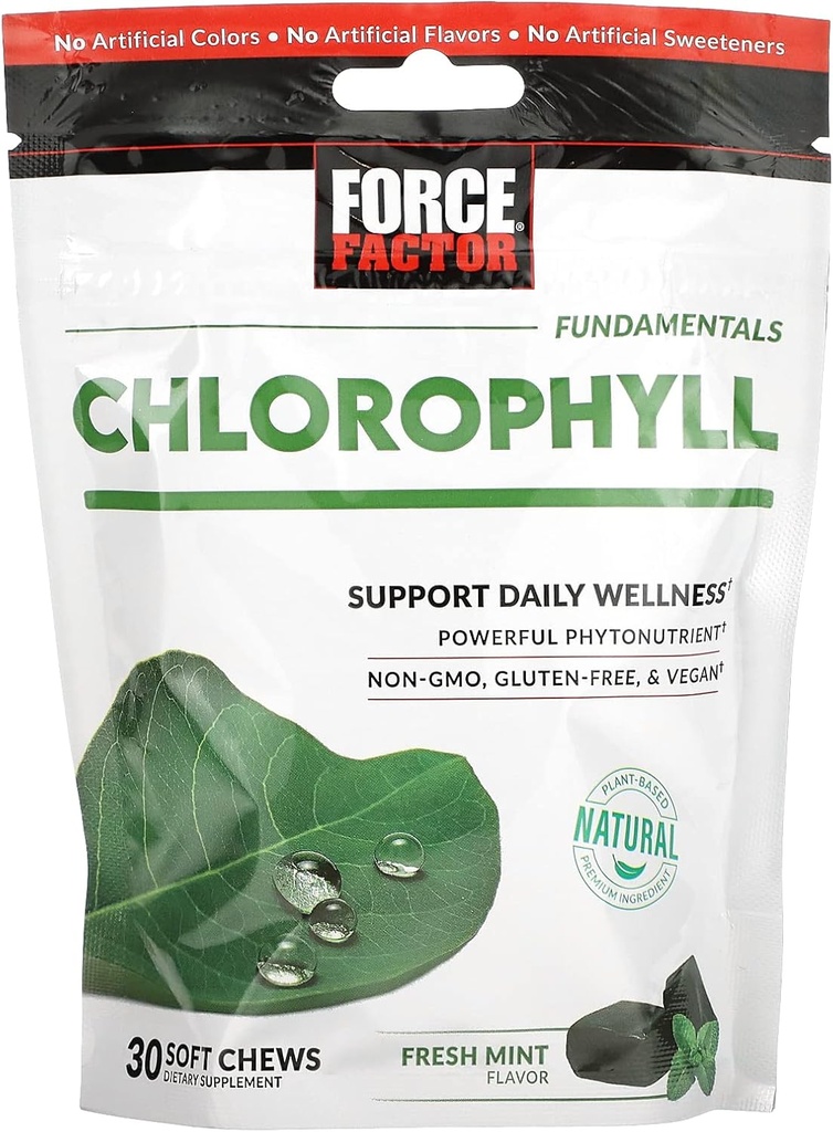 FORCE FACTOR Chlorofyl mäkké žuvačky Antioxidanty Doplnok k zníženiu telesného zápachu, Podporovať čerstvý dych, non-GMO, Gluten-free, a Vegan, čerstvé mätové príchuť, 30 mäkké žuvačky, Zelená